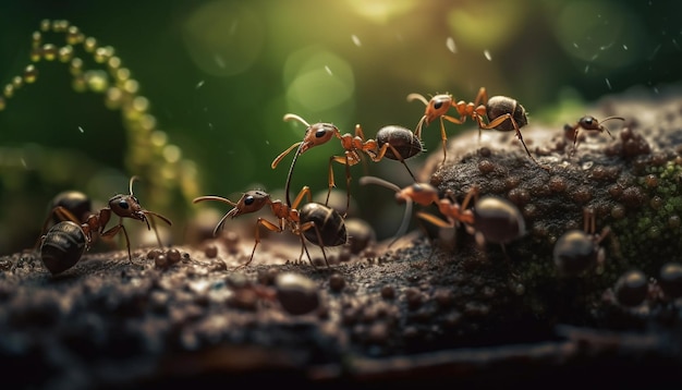 Fire ants working together on green leaf generated by AI