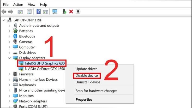 Bấm chuột phải v&agrave;o adapter m&agrave;n h&igrave;nh > Chọn Disable Device