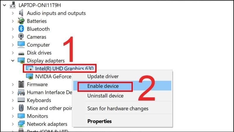 Bấm chuột phải v&agrave;o adapter m&agrave;n h&igrave;nh > Chọn Enable Device