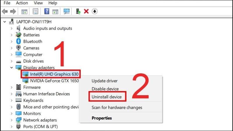 Bấm chuột phải v&agrave;o adapter m&agrave;n h&igrave;nh > Chọn Uninstall device