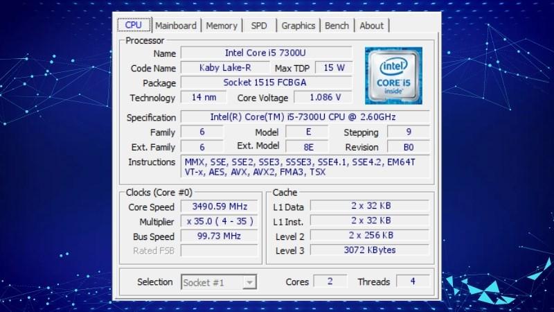 Intel Core i5-7300U sở hữu 2 nhân, 4 luồng sản xuất theo theo quy trình 14nm