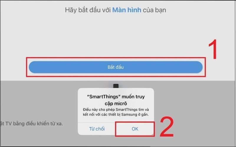 Mở lại ứng dụng > Bắt đầu > chọn OK cho phép SmartThings truy cập micro