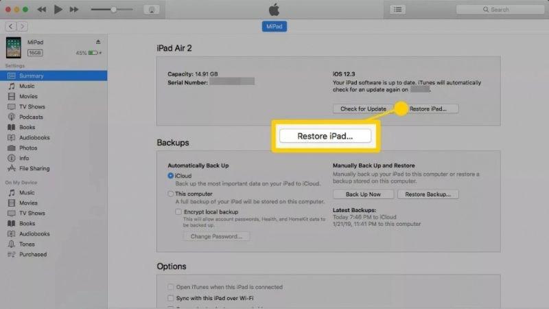 Nhấn Restore sau khi kết nối iPad với m&aacute;y t&iacute;nh