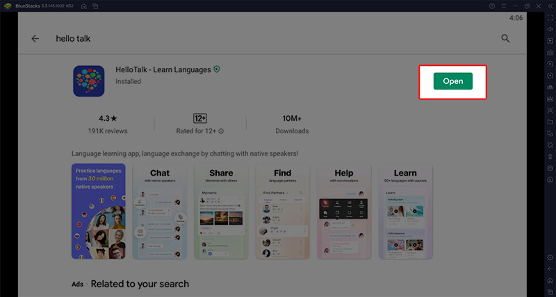 alt: Mở ứng dụng HelloTalk trên BlueStacks