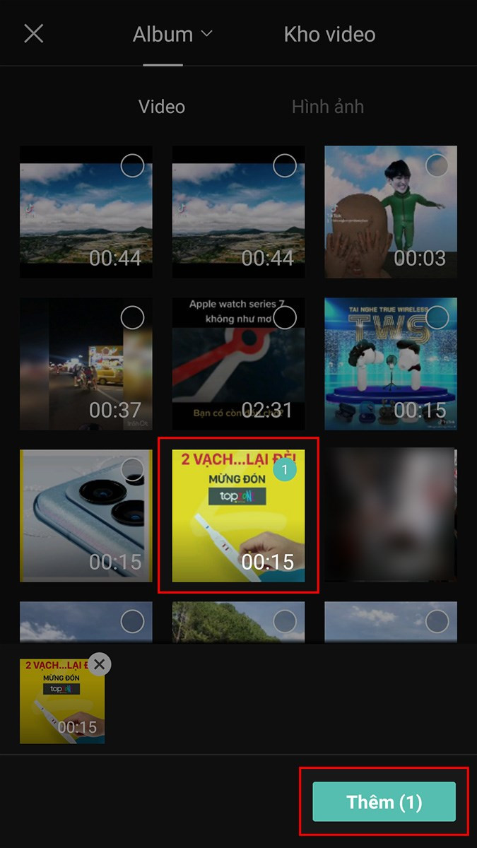 alt text: Chọn video và nhấn Thêm