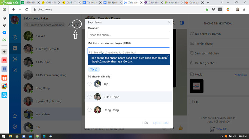 alt text: Tạo nhóm chat trên Zalo Web