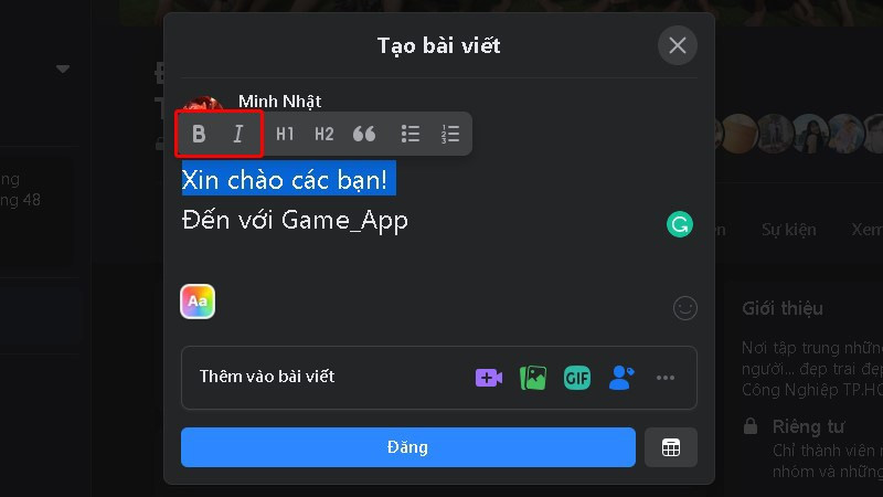 Chọn kiểu chữ trong nhóm Facebook