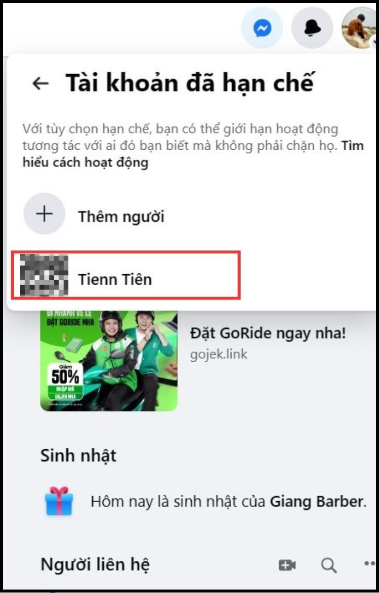 Chọn tài khoản cần gỡ hạn chế