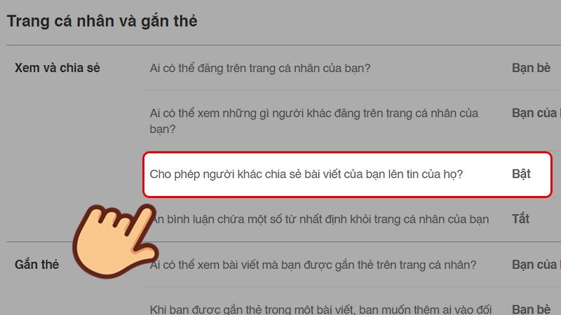 Chọn vào mục Cho phép người khác chia sẻ bài viết của bạn lên tin của họ?