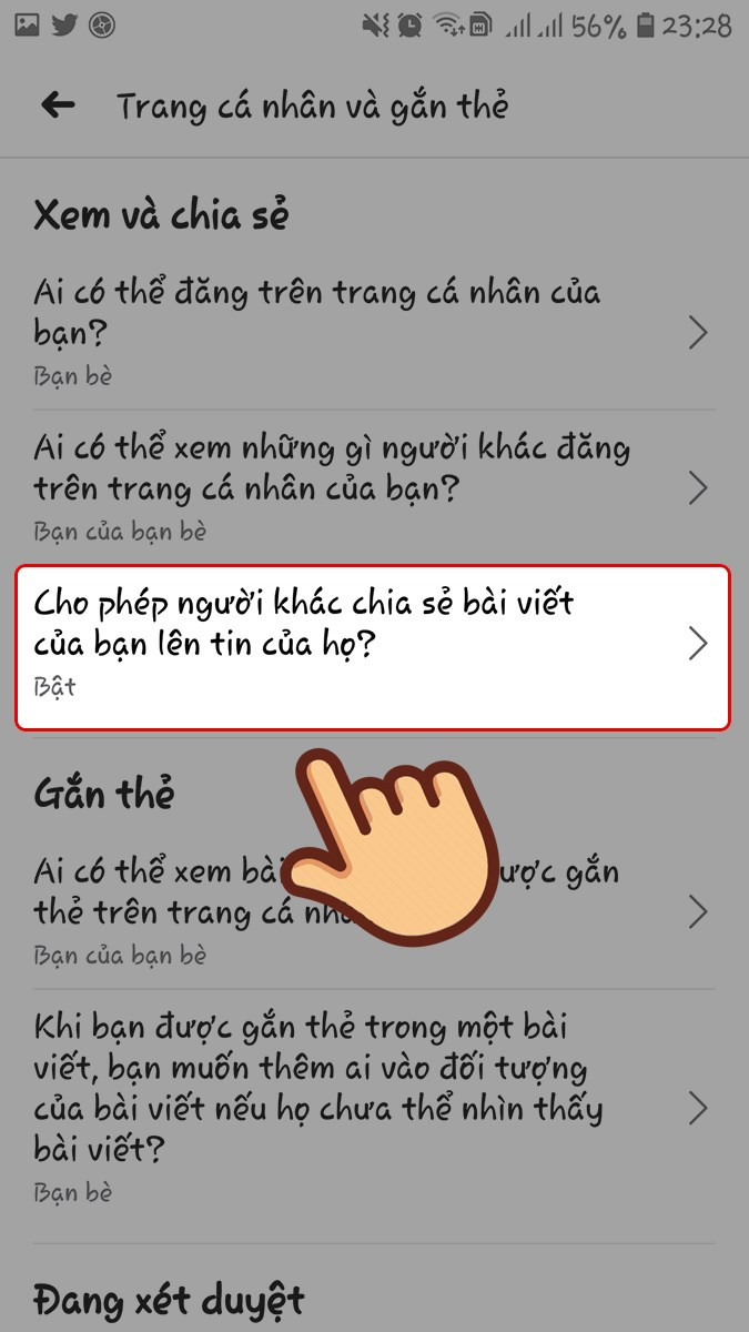 Chọn vào mục Cho phép người khác chia sẻ bài viết của bạn lên tin của họ?