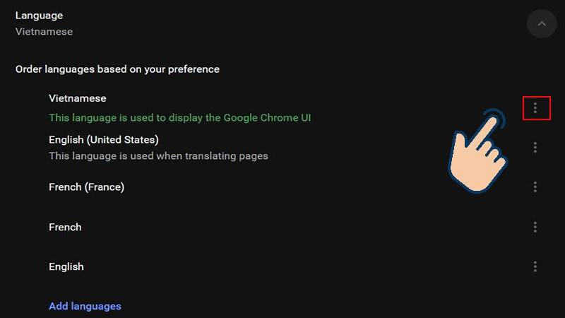 Click vào biểu tượng 3 chấm dọc bên cạnh Vietnamese