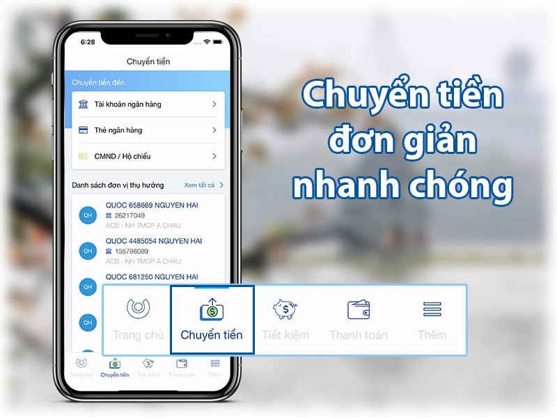 Minh họa chuyển tiền qua ứng dụng ACB Online Banking.