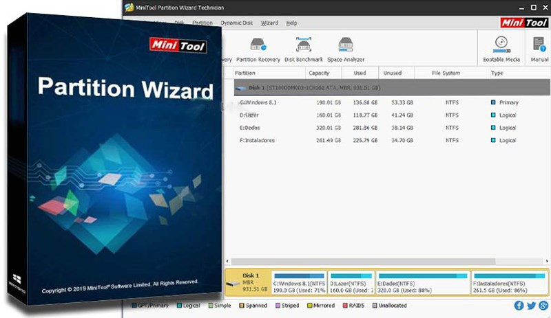 MiniTool Partition Wizard giao diện chính