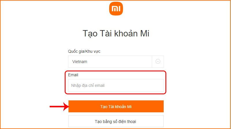 Nhập email &gt; Tạo Tài khoản Mi