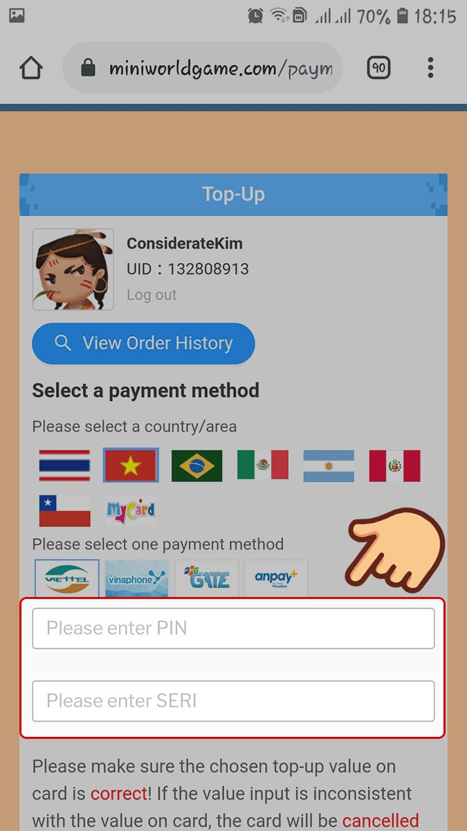 Nhập mã PIN và seri