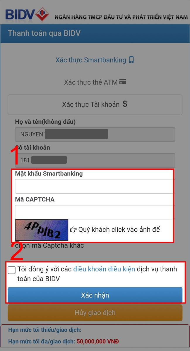 Nhập mật khẩu internet banking, mã captcha và nhấn Xác nhận