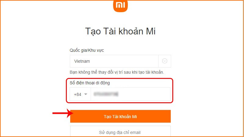 Nhập số điện thoại &gt; Tạo Tài khoản Mi