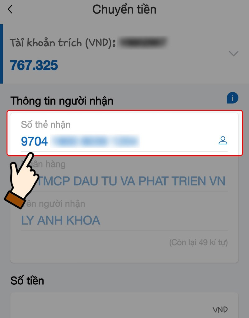 Nhập số thẻ của người nhận