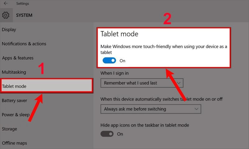 Tắt chế độ Tablet Mode