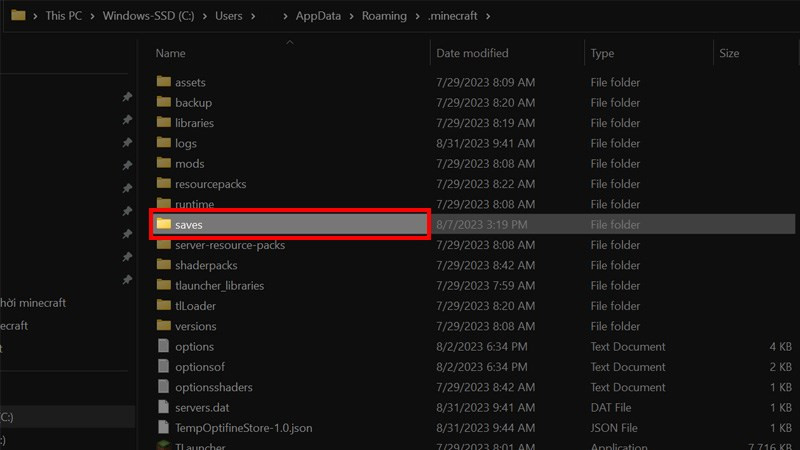 Thư mục saves trong Minecraft