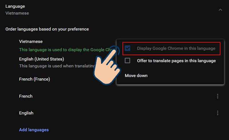 Tích chọn Display Google Chrome in this language