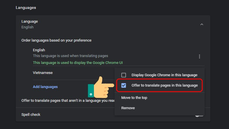 Tick vào Offer to translate pages in this language