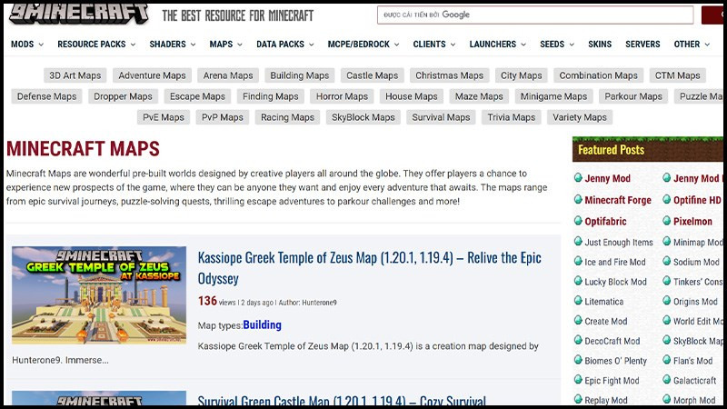 Tìm kiếm map Minecraft trên 9Minecraft