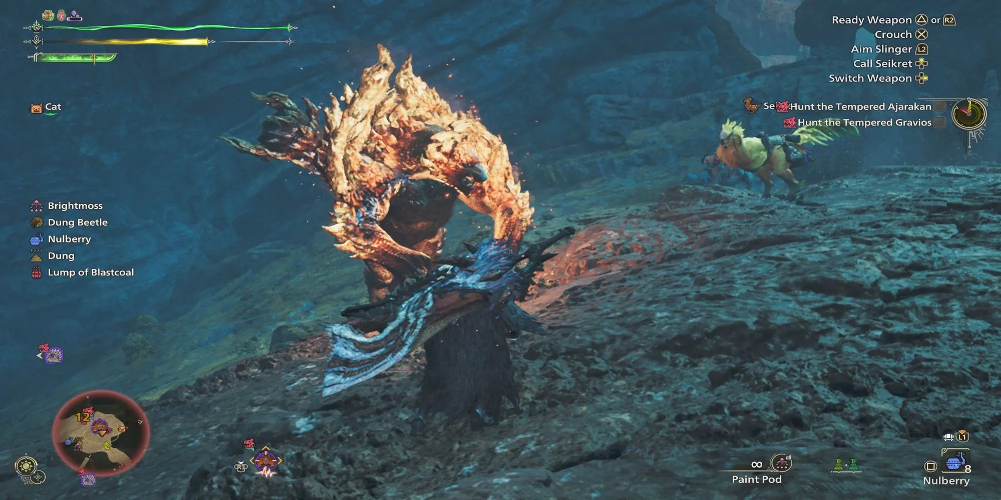 Ajarakan trong Monster Hunter Wilds, một quái vật lông lá màu nâu với sừng lớn, đang gầm thét