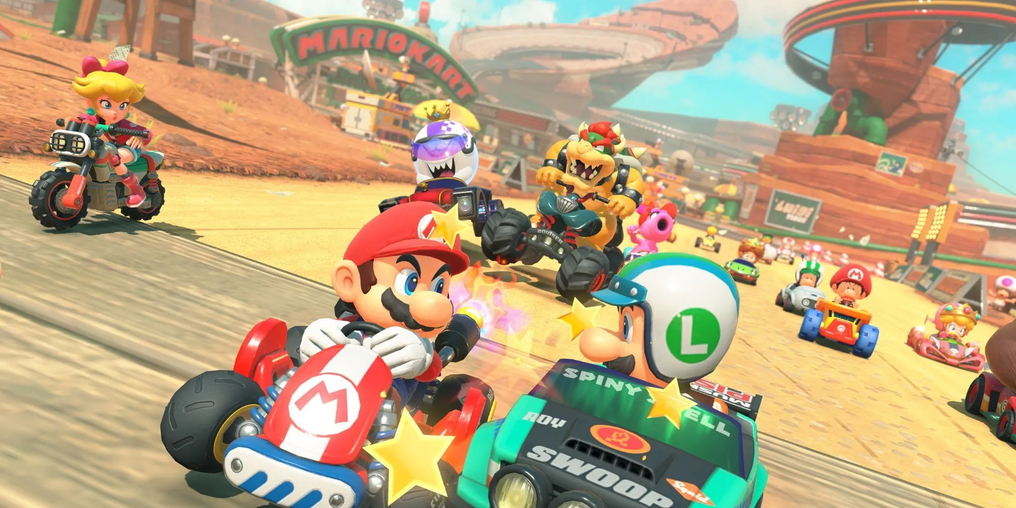Ảnh bìa chính thức của Mario Kart World với các nhân vật quen thuộc
