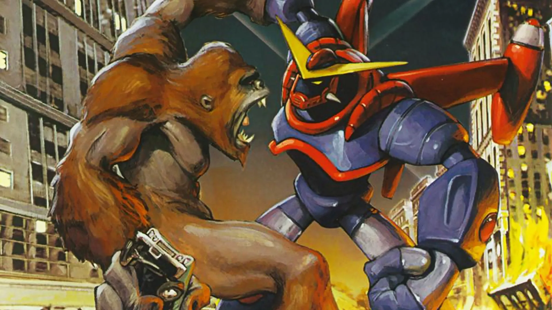 Ảnh bìa War of the Monsters thể hiện cảnh quái vật khổng lồ chiến đấu trong thành phố đổ nát