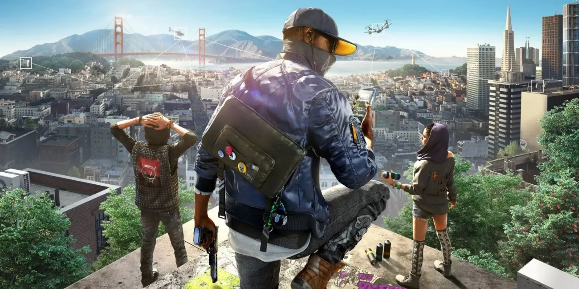 Ảnh bìa Watch Dogs 2 với nhân vật chính Marcus Holloway nổi bật giữa khung cảnh San Francisco