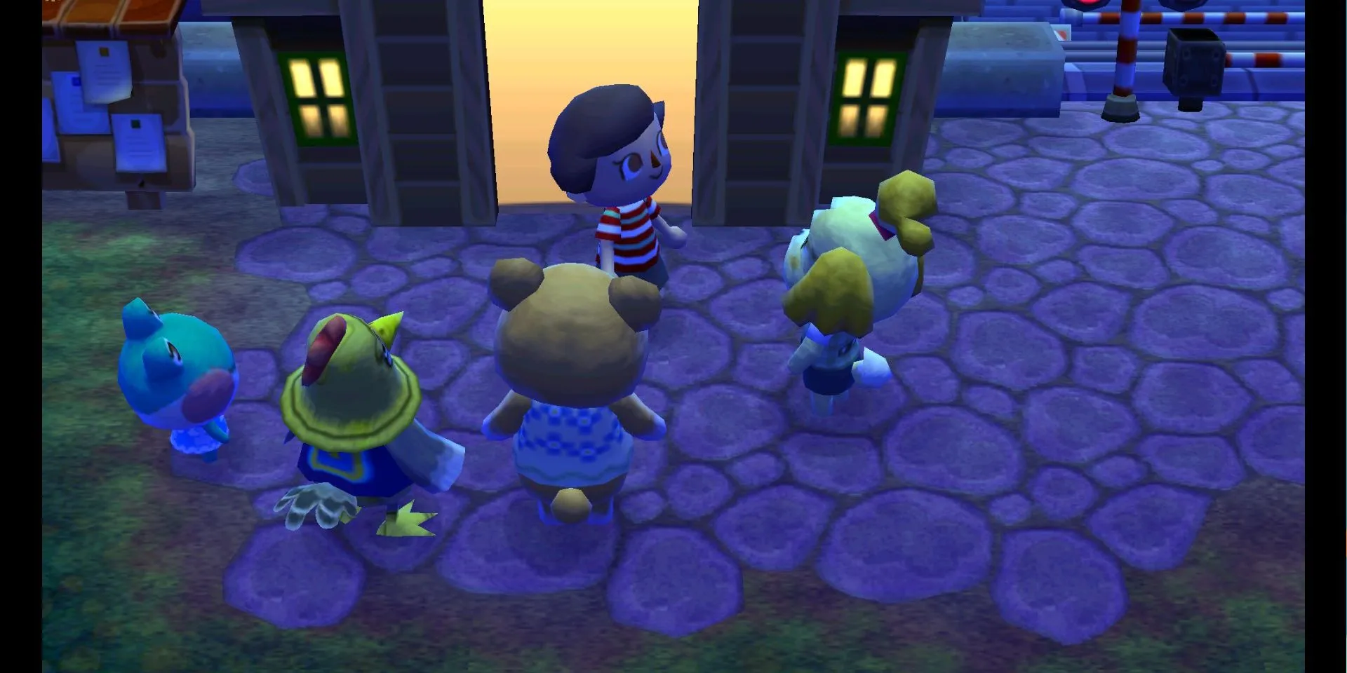 Ảnh chụp màn hình Animal Crossing: New Leaf, người chơi bước vào thị trấn của mình vào ban đêm