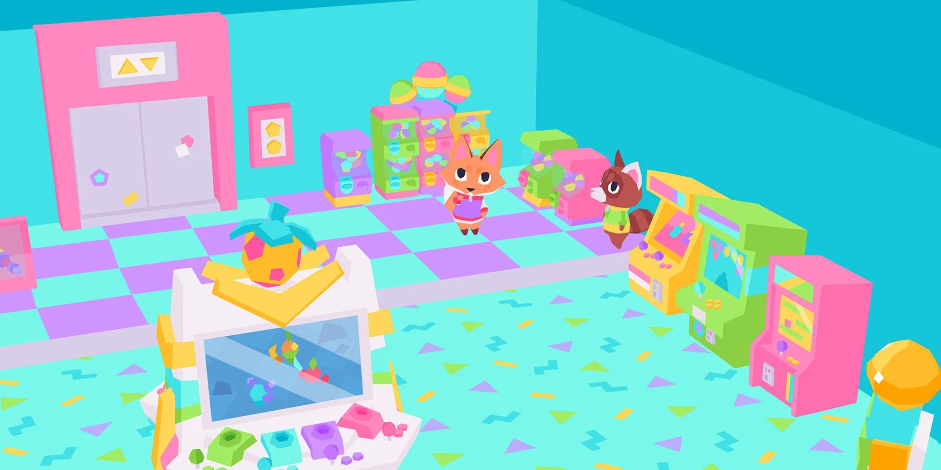 Ảnh chụp màn hình Button City từ Steam, người chơi đang khám phá khu trò chơi điện tử arcade