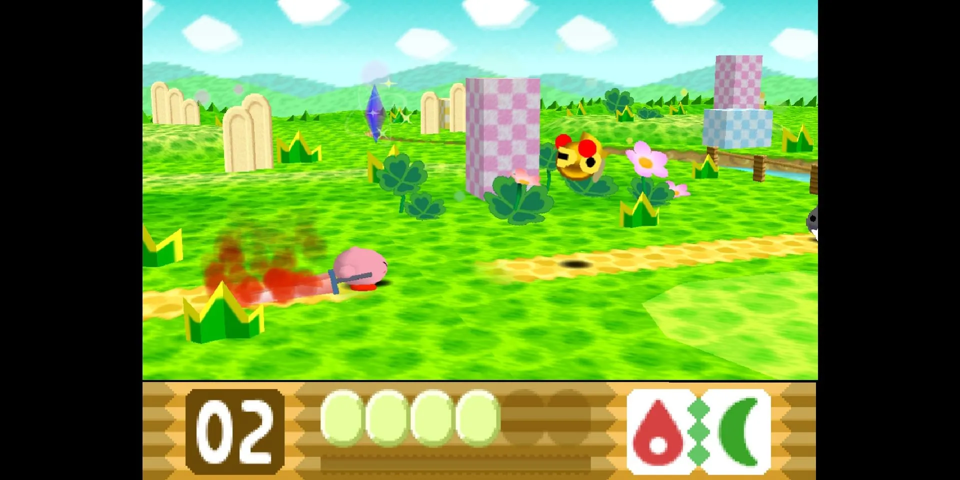 Ảnh chụp màn hình Kirby 64: The Crystal Shards, với Fire và Cutter kết hợp tạo ra Fire Sword