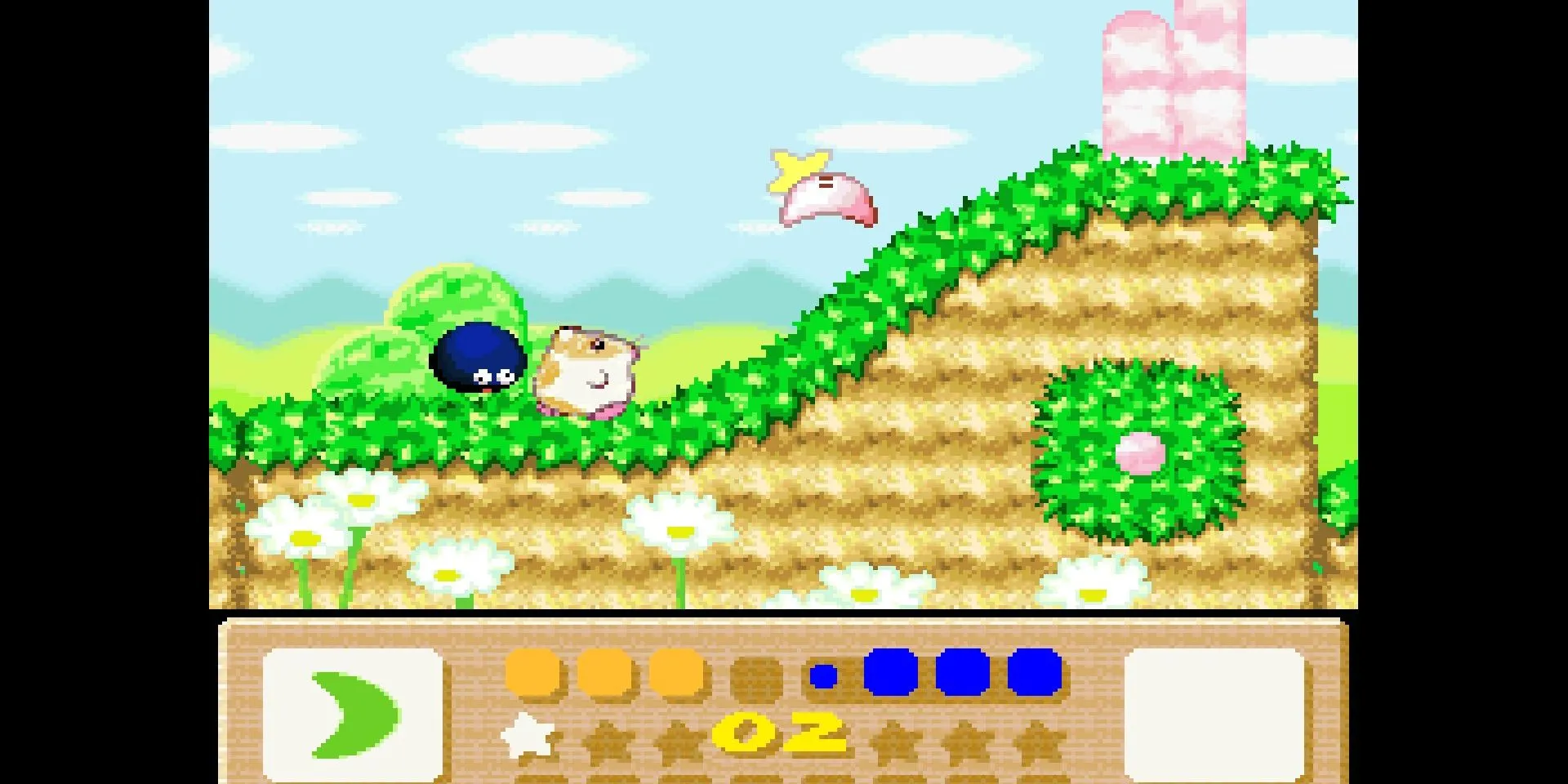 Ảnh chụp màn hình Kirby kết hợp với Rick và khả năng Cutter trong Kirby's Dream Land 3