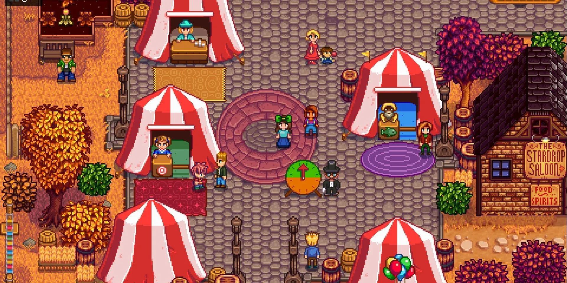 Ảnh chụp màn hình lễ hội Stardew Valley Fair, người chơi đứng sau vòng quay may mắn