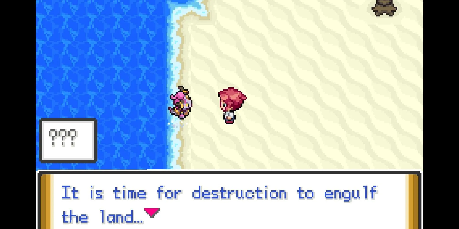 Ảnh chụp màn hình Pokémon Unbound cho thấy nhân vật nữ tóc hồng trên bãi biển đang nói chuyện với Hoopa