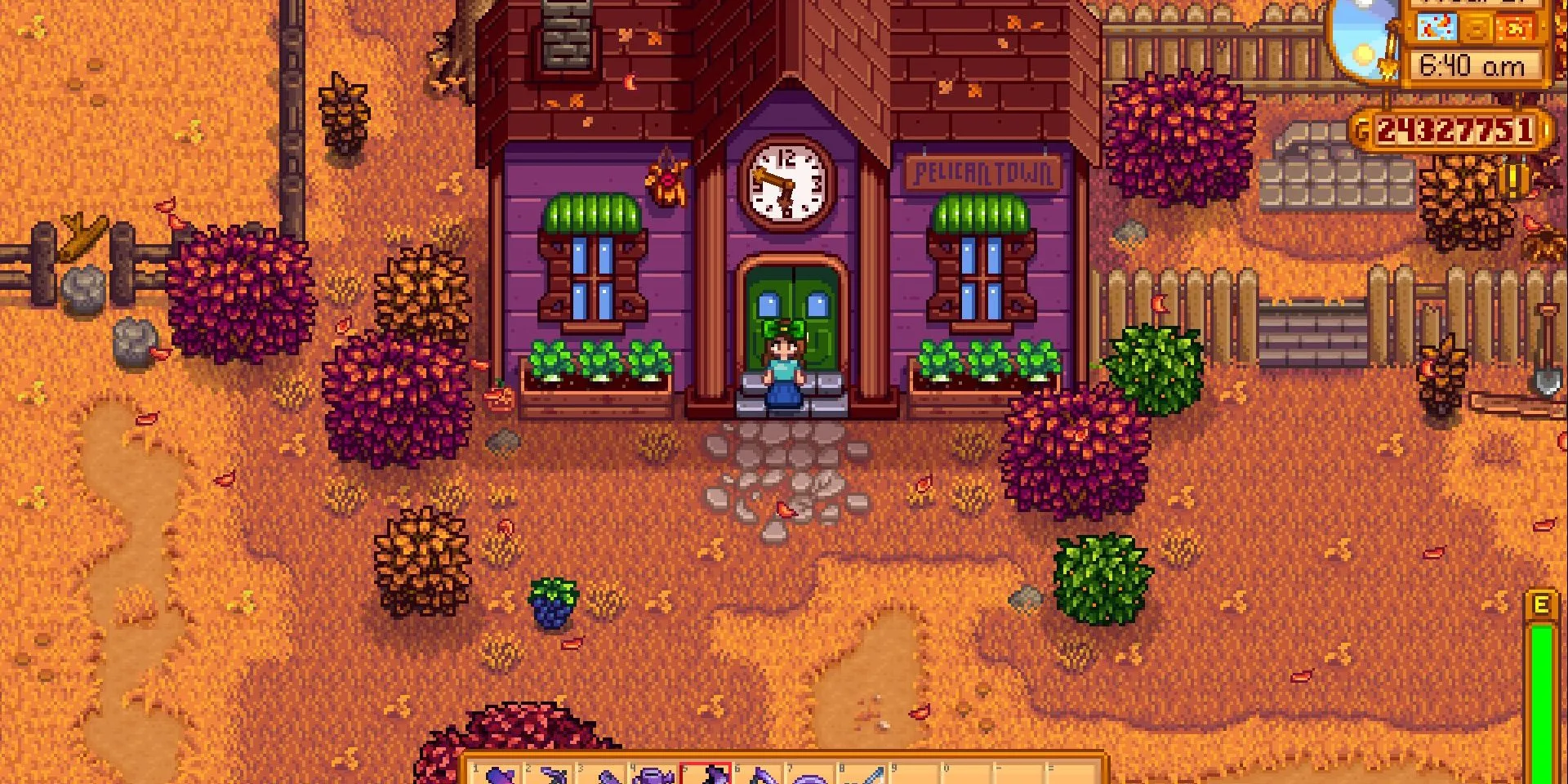 Ảnh chụp màn hình Stardew Valley với Trung tâm Cộng đồng đã hoàn thành và các nhân vật
