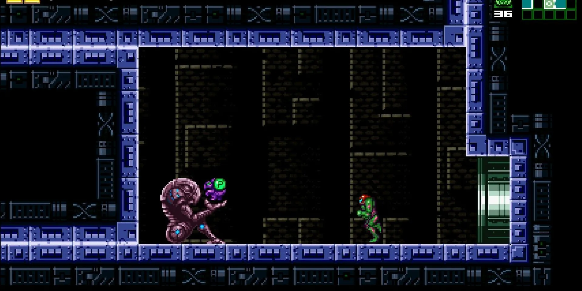 Ảnh chụp màn hình từ AM2R Randomizer cho thấy Samus Aran với Plasma Beam thay vì Space Jump trong một khu vực quen thuộc của Metroid 2