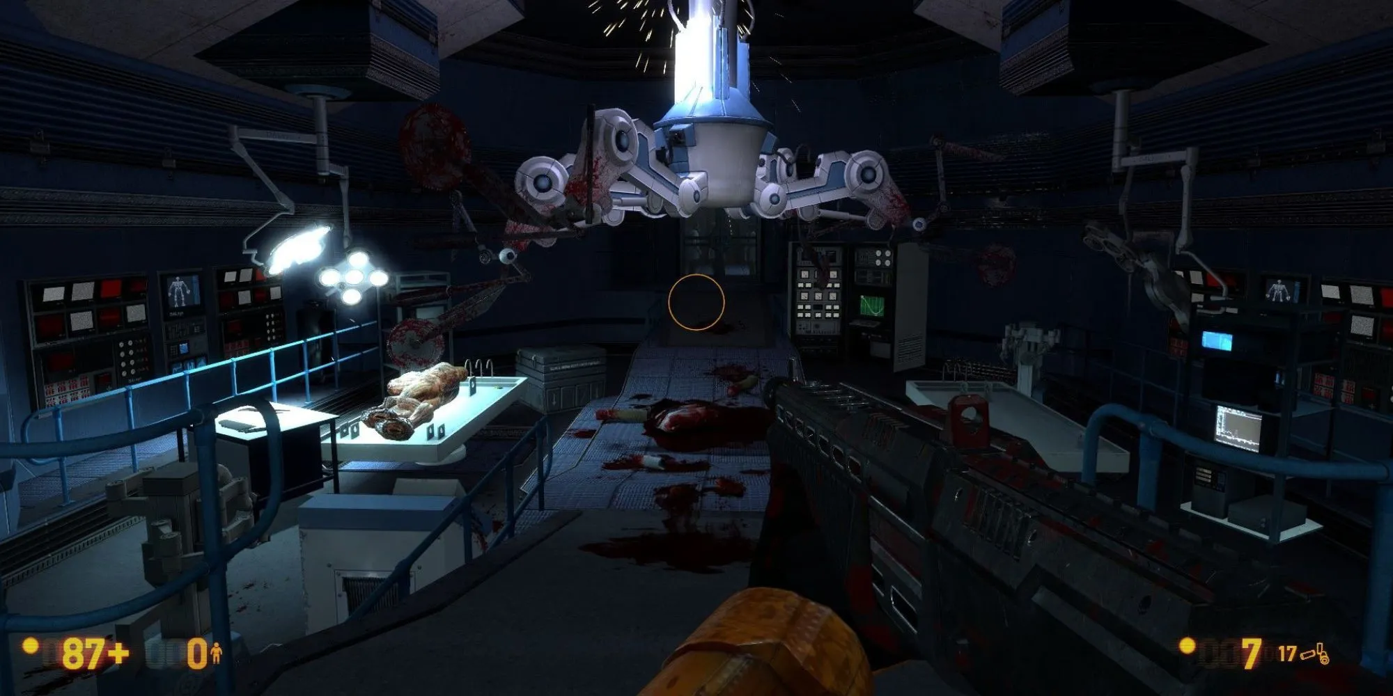 Ảnh chụp màn hình từ Black Mesa, bản remake của Half-Life, cho thấy Gordon Freeman trong một trận chiến căng thẳng