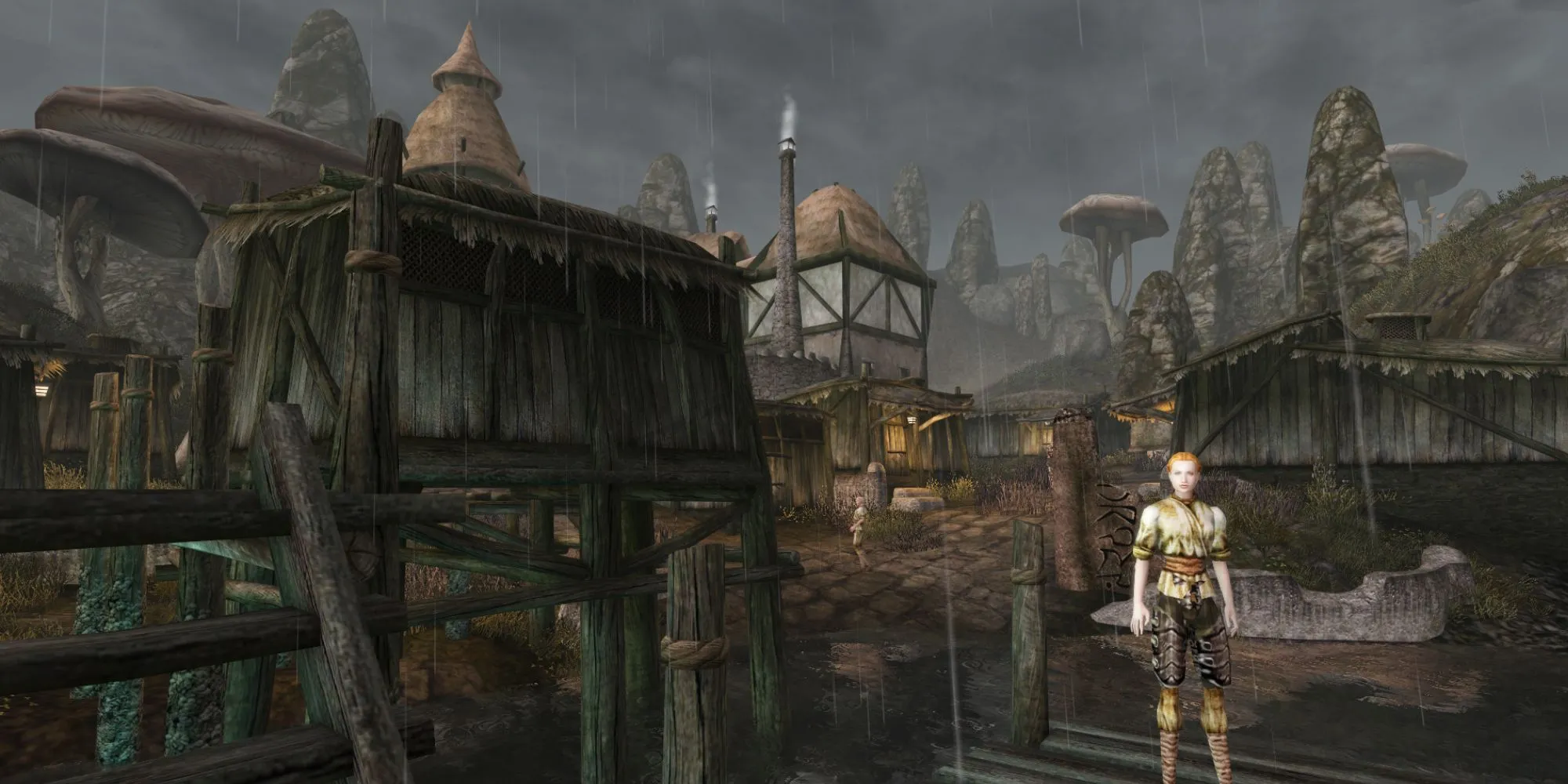 Ảnh chụp màn hình từ game The Elder Scrolls III Morrowind với kiến trúc độc đáo