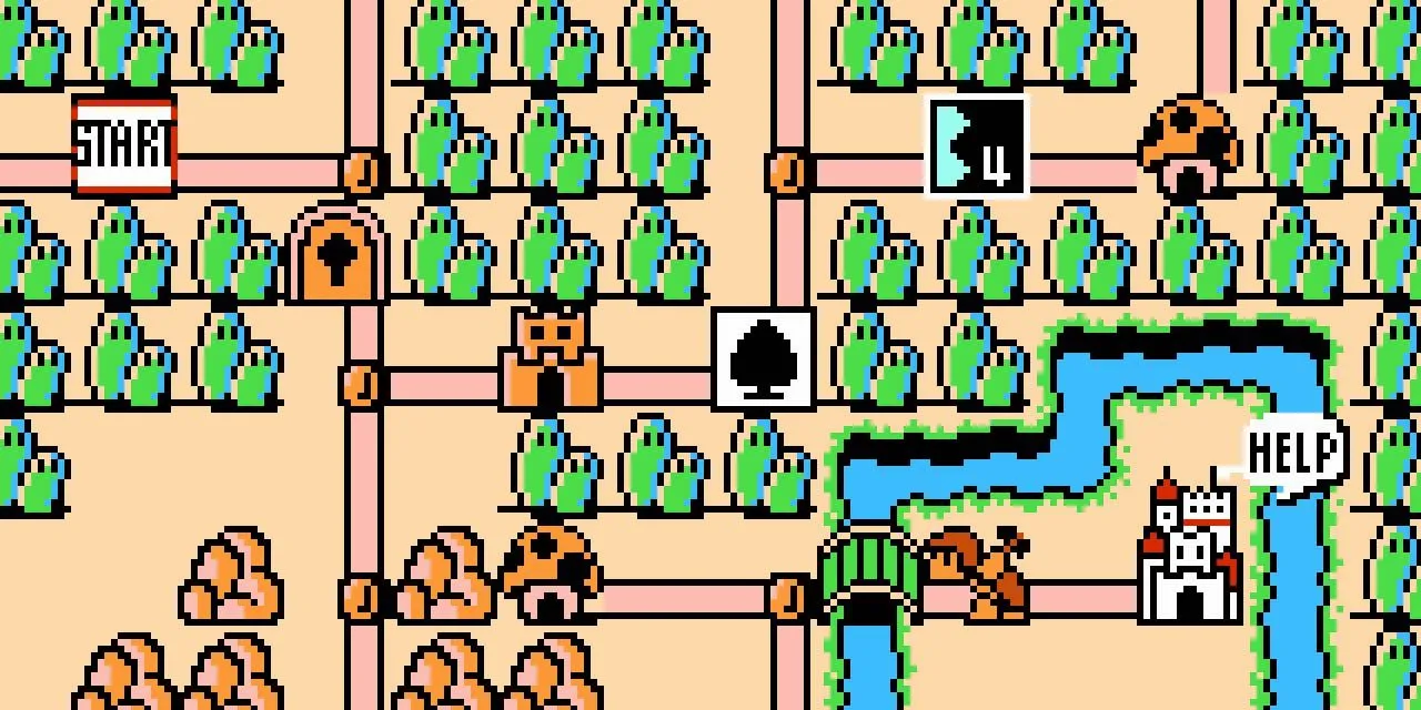Bản đồ thế giới đầy màu sắc trong Super Mario Bros. 3 trên NES