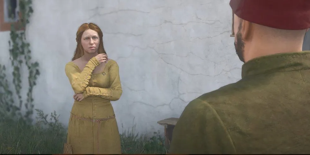 Betty đối mặt với Adam, chủ nhà tắm đối thủ, tại nhà tắm Kingfisher trong Kingdom Come Deliverance 2.