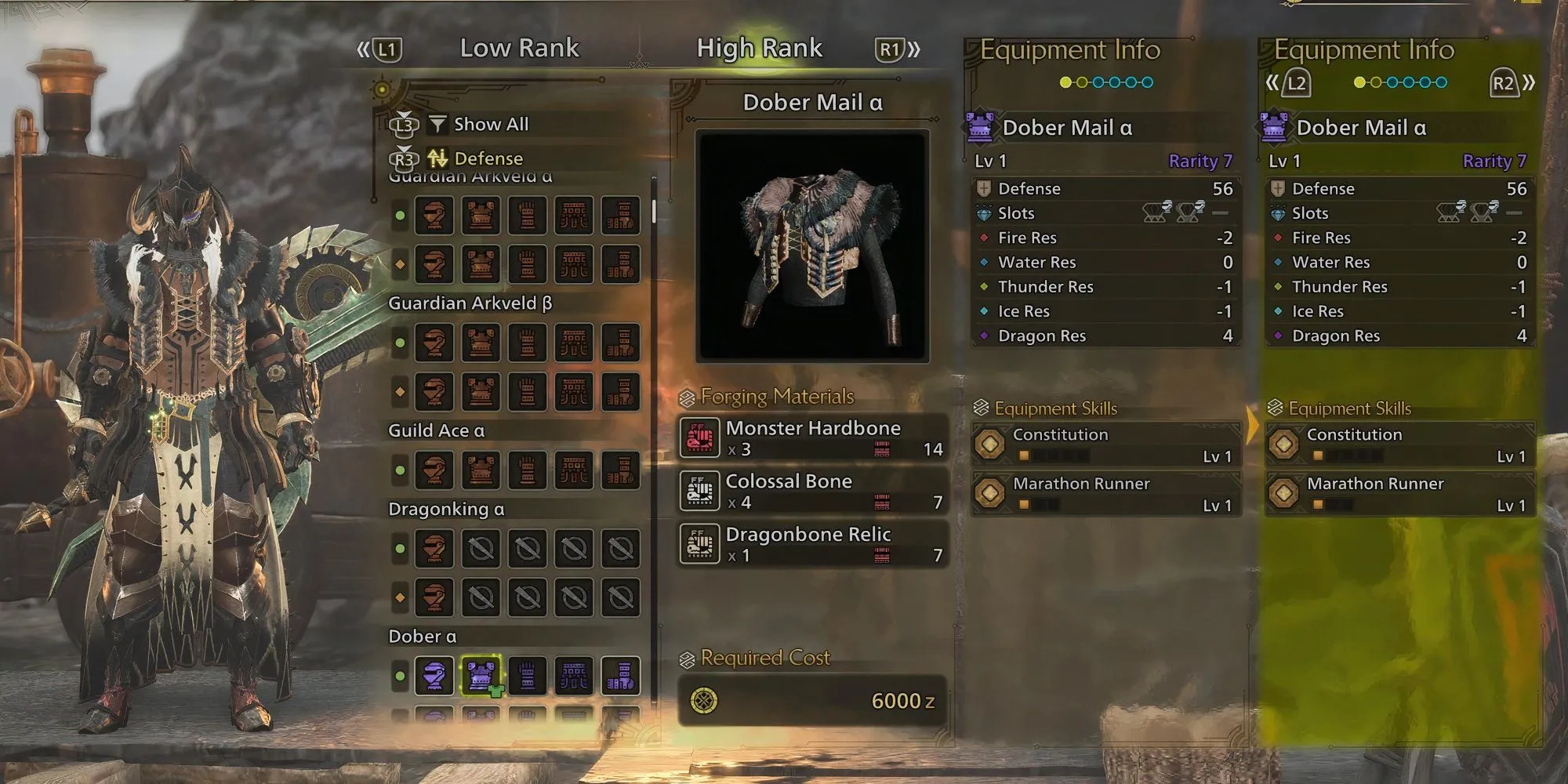 Bộ giáp Dober Mail chế tạo từ Dragonbone Relic trong Monster Hunter Wilds với chỉ số và kỹ năng ấn tượng