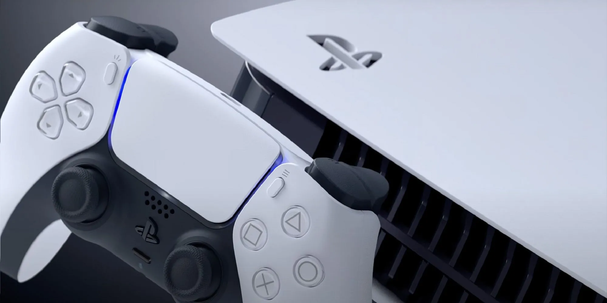 Cận cảnh máy chơi game PlayStation 5 màu trắng với thiết kế hiện đại và tay cầm DualSense