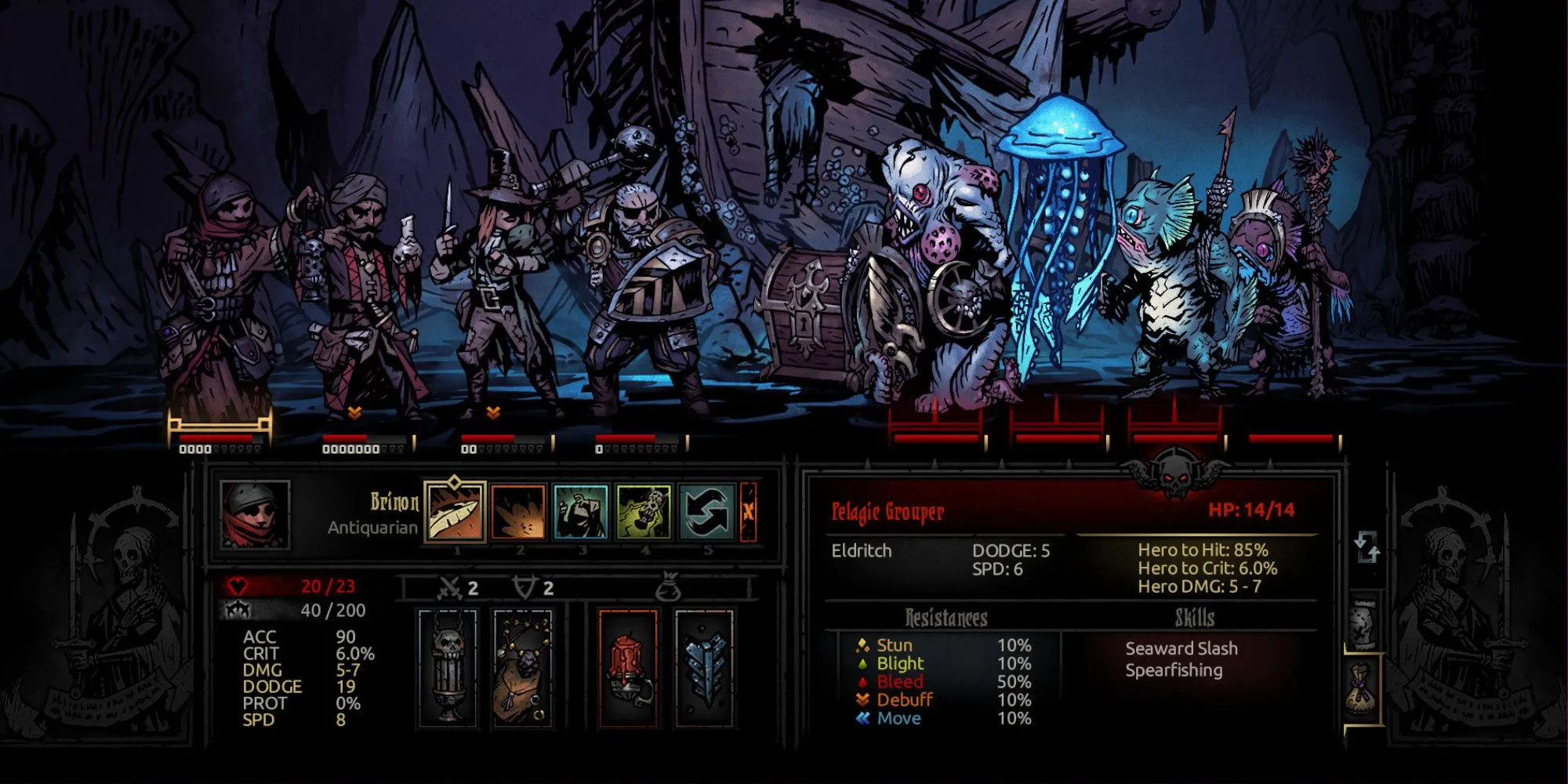 Cảnh chiến đấu theo lượt căng thẳng trong Darkest Dungeon với các nhân vật đối mặt quái vật