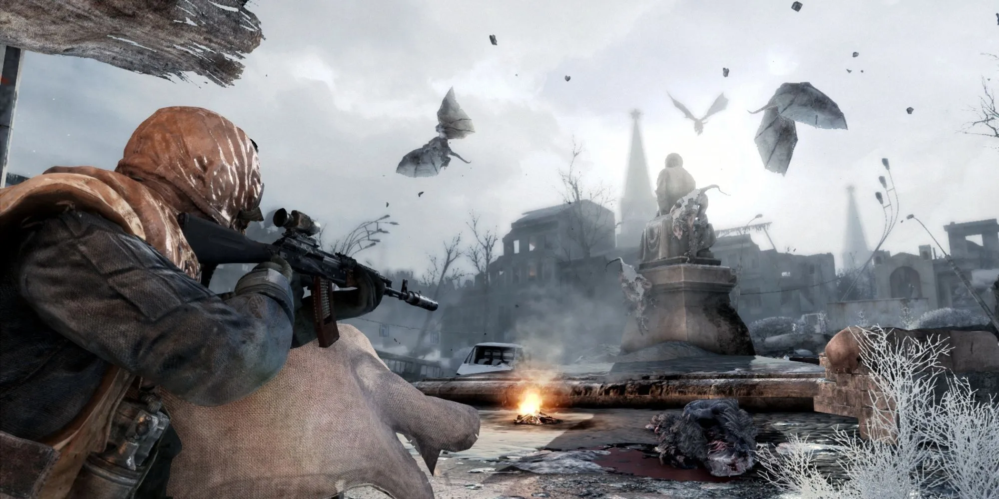 Cảnh chiến đấu trong Metro 2033 Redux với nhân vật người chơi nhắm bắn quái vật đột biến