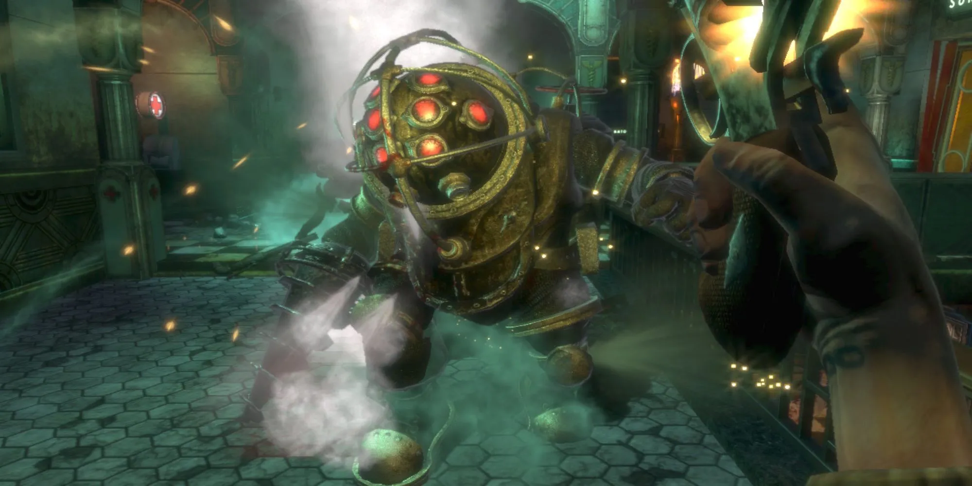 Cảnh chiến đấu với Big Daddy trong game BioShock dưới thành phố Rapture