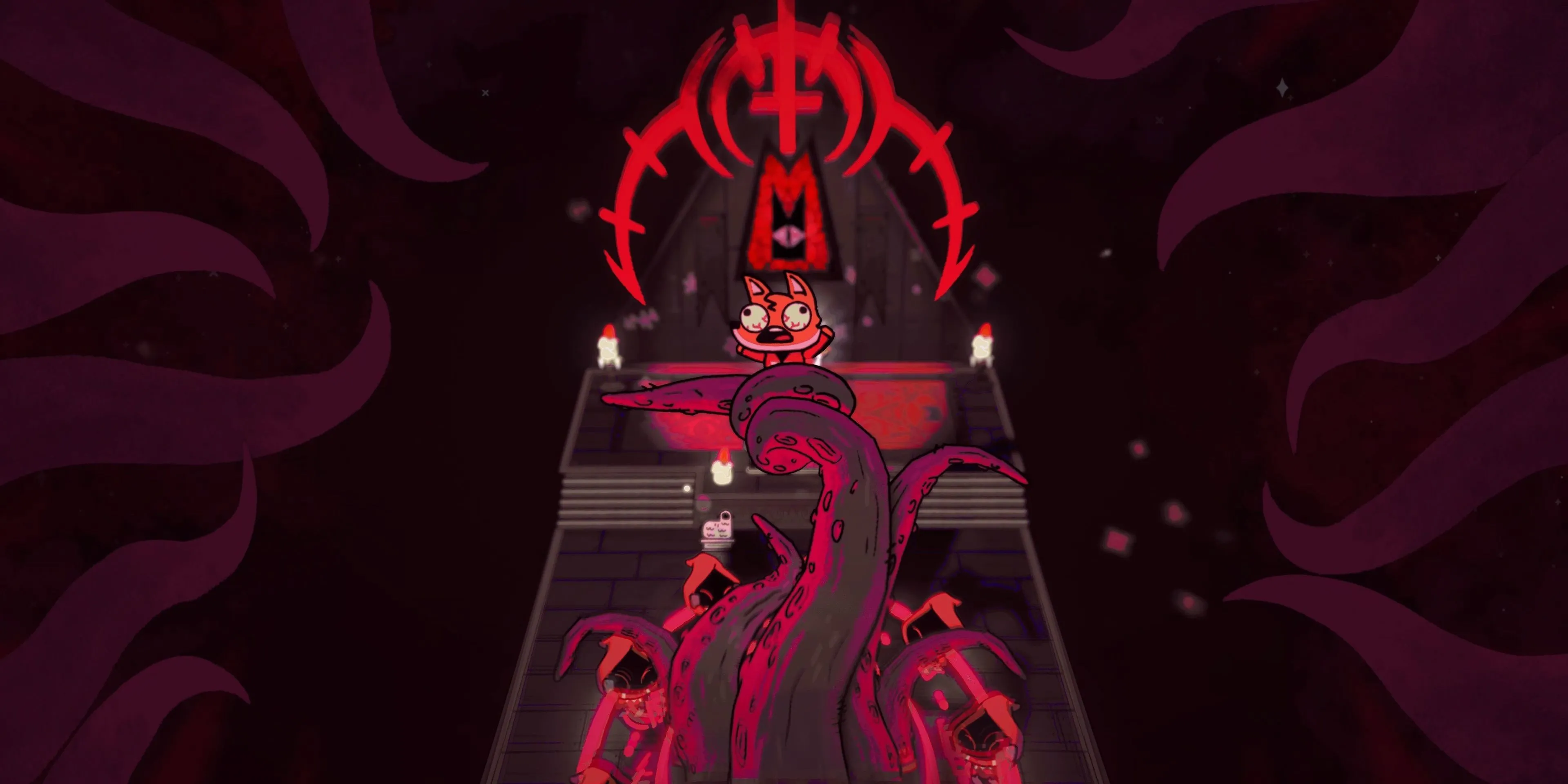 Cảnh hiến tế một tín đồ trong game Cult of the Lamb