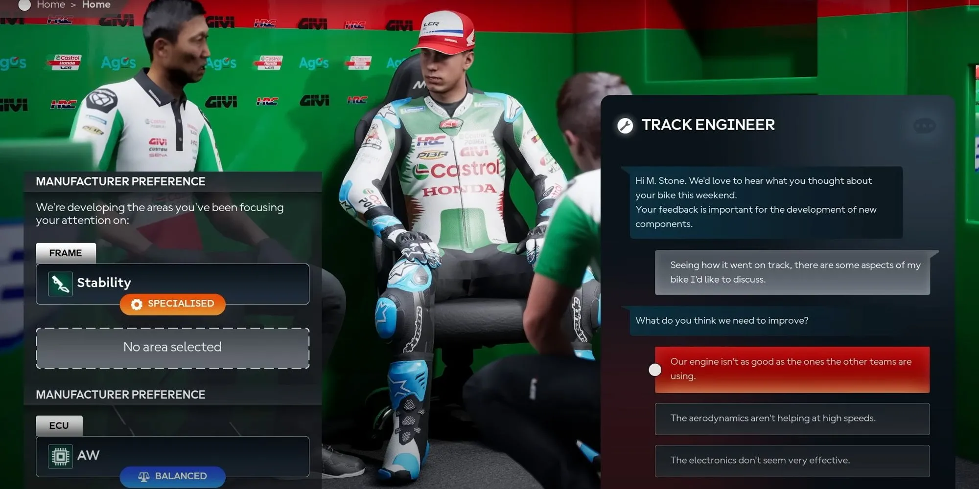 Cảnh họp đội (debrief) sau chặng đua trong MotoGP 25, thể hiện đồ họa chi tiết